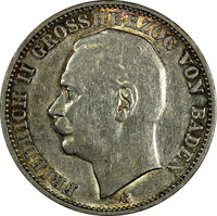 Germany BADEN Friedrich II Silver 1909 G 3 Mark Toned 33mm ch.XF/aUNC KM#280/089