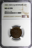 DENMARK Christian X Bronze 1921 HCN CJ 2 Ore NGC MS62 BN KM# 813.2 (174)