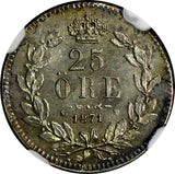 SWEDEN Carl XV Silver 1871/61 25 ORE OVERDATE NGC MS62 1 GRADED HIGHER KM712/008