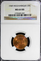 Mozambique Bronze 1949 20 Centavos NGC MS64 RB RED TONING KEY DATE  KM# 75