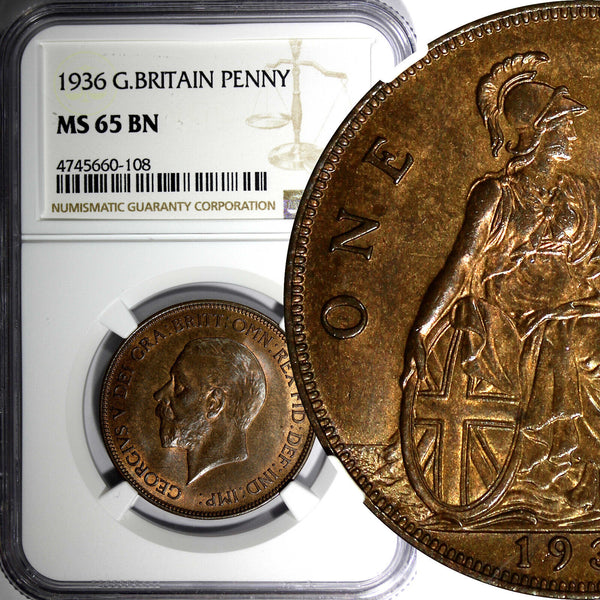 GREAT BRITAIN George V Bronze 1936 1 Penny NGC MS65 BN NICE TONING KM# 838 (8)