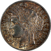 France Silver 1850 A 5 Francs Paris Mint aUNC Nice Toned 37mm KM# 761.1 (469)
