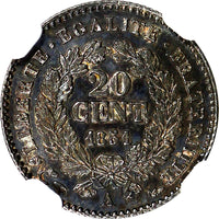 FRANCE Silver 1851-A 20 Centimes NGC AU55 NICE TONING Liberty Head KM# 758.1 (9)