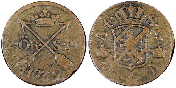 Sweden Adolf Frederick Copper 1759 2 Ore, S.M. Mintage-352,000 KM# 461 (21 343)