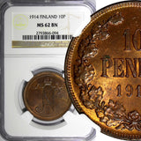 Finland Nicholas II Copper 1914 10 Pennia NGC MS62 BN Mintage-605,0 KM#14 (094)