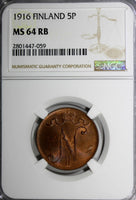 Finland Russian Tsar Nicolas II (1895-1917) 1916 5 Pennia NGC MS64 RB KM# 15/059