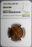 Finland Russian Tsar Nicolas II (1895-1917) 1916 5 Pennia NGC MS64 RB KM# 15/059