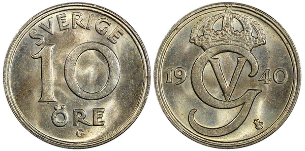 Sweden Gustaf V (1907-1950) Nickel-Bronze 1940 G 10 Öre UNC KM# 795 (22 077)