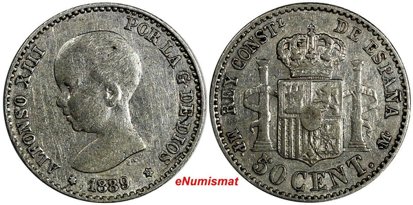SPAIN Alfonso XIII Silver 1889 MP-M 50 Centimos Mintage-537,000 KM# 690 (14 739)