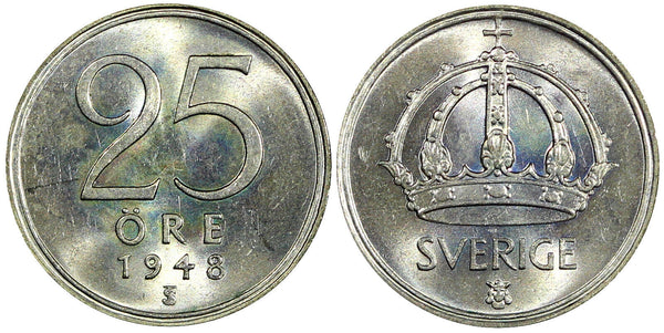 Sweden Gustaf V Silver 1948 TS 25 Öre  RAINBOW GEM BU COIN KM# 816 (22 024)