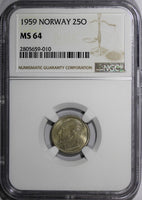 Norway Olav V Copper-Nickel 1959 25 Ore NGC MS64 BETTER DATE  KM# 407 (190)