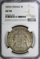 France Silver 1876 A 5 Francs NGC AU58 Hercules Paris Mint KM# 820.1 (023)