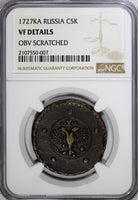 Russia Catherine I Copper 1727 KD 5 Kopecks Moscow Mint NGC VF DET. KM# 179 (07)