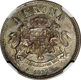 SWEDEN Oscar II Silver 1897 EB 1 Krona NGC AU58 Nice Toned SCARCE KM# 760