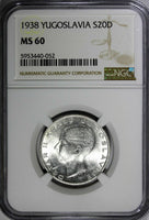 Yugoslavia Petar II Silver 1938 20 Dinara NGC MS60 1 Year Type KM# 23 (52)