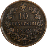 Italy Vittorio Emanuele II Copper 1862 M 10 Centesimi Milano Mint KM# 11.1 (326)