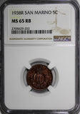 San Marino Bronze 1936-R 5 Centesimi NGC MS65 RB Mintage-200,000 KEY DATE KM# 12