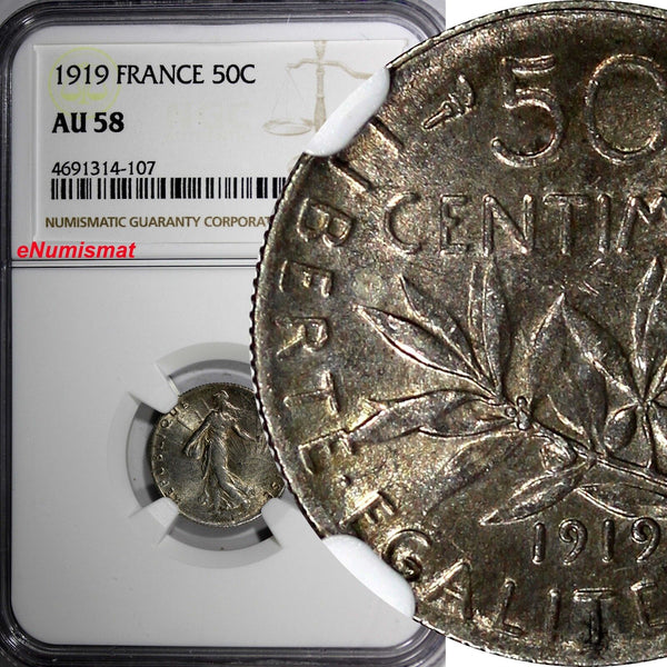 France Silver 1919 50 Centimes NGC AU58 MINT LUSTER KM# 854 (107)