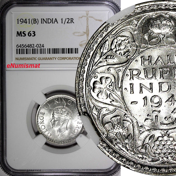 India-British George VI Silver 1941 (B) 1/2 Rupee Bombay NGC MS63 KM# 551 (024)