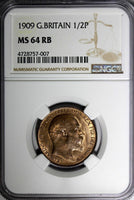 GREAT BRITAIN Edward VII Bronze 1909 1/2 Penny NGC MS64 RB NICE RED KM# 793.2(7)