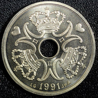Denmark Margrethe II 1991 5 Kroner 28,5mm PROOF LIKE GEM BU KM# 869.1 (23 816)