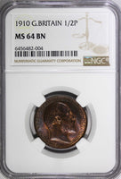 Great Britain Edward VII 1910 1/2 Penny NGC MS64 BN TOP GRADED KM# 793.2 (004)