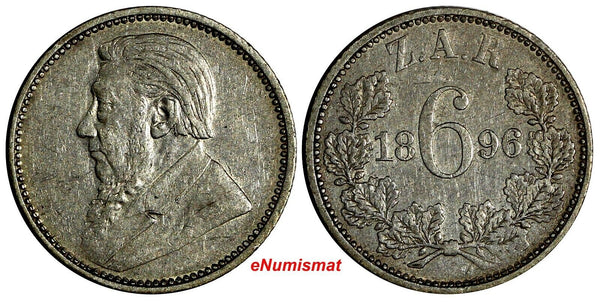 South Africa  Johannes Paulus Kruger Silver 1896 6 Pence Mintage-205,000 KM#4(8)