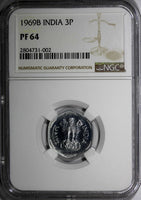 India-Republic Aluminum PROOF 1969 B 3 Paise NGC PF64 KM# 14.2