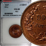 Peru 1937 2 Centavos  MS66 RED Nice Toning Low Mintage-963,000 KM# 212.1 (98)