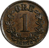 NORWAY Oscar II Bronze 1876 1 Ore 1st Year for Type Norwegian Lion KM# 352