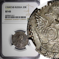 Russia Catherine II Silver 1769 SPB 20 Kopecks Mint-350,000 NGC XF45 C# 63a.2(7)