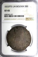 Bolivia Silver 1833 PTS LM 8 Soles Potosi Mint NGC XF45 Toned KM# 97 (027)