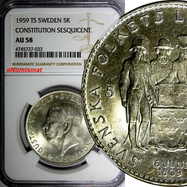 SWEDEN Silver 1959 TS 5 Kronor NGC AU58 Constitution Sesquicentennial KM# 830(3)