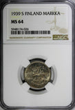 Finland Copper-Nickel 1939 S 1 Markka WWII Issue NGC MS64 TOP GRADED KM# 30 (6)