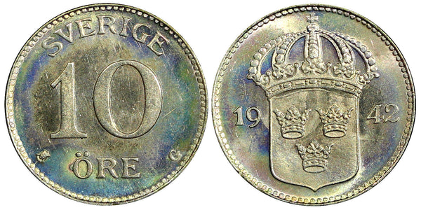 SWEDEN Gustaf V Silver 1942 G 10 Öre  Last Year GEM BU Rainbow Toned KM# 780 (5)