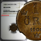 Sweden Oscar II Bronze 1900 1 Ore NGC MS64 BN 1 GRADED HIGHEST KM# 750 (083)