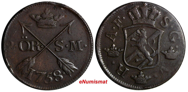 SWEDEN COPPER Adolf Frederick 1758 2 Ore,S.M Mintage: 91,000 SCARCE KM#461 (560)