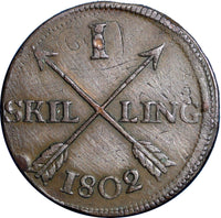 SWEDEN COPPER 1802  1 SKILLING OVERSTRUCK ON 2 ORE S.M. 1743-1768  KM#566