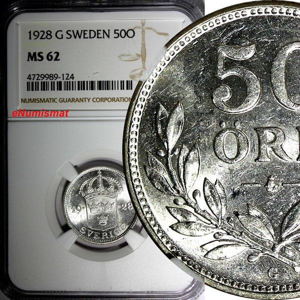 SWEDEN Gustaf V Silver 1928 G 50 Ore NGC MS62 KM# 788 (124)