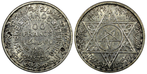 Morocco Mohammed V Silver AH1372 1953 100 Francs Y# 52 (20 830)