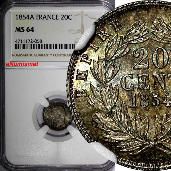 FRANCE Napoleon III Silver 1854 A 20 Centimes NGC MS64 Toning KM# 778.1 (058)