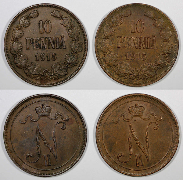 Finland Nicholas II Copper LOT OF 2 COINS 1915 10 Penniä Mint-420,000 KM# 14 (0)