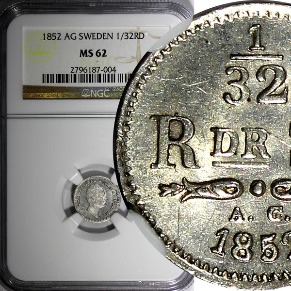 Sweden Oscar Silver 1852 AG 1/32 Riksdaler NGC MS62 Mint Luster KM# 681 (04)