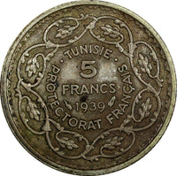 Tunisia  Silver 1358 (1939) 5 Francs Paris Mint Toned 1 YEAR TYPE KM# 264 (967)