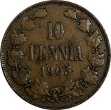 Finland Nicholas II Copper 1905 10 Penniä Mintage-500,000 KM# 14 (18 737)