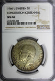 SWEDEN Silver 1966-U 5 Kronor NGC MS64 Constitution Reform 1 YEAR TYPE KM#839(8)