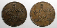 Sweden Gustaf V Bronze LOT OF 2 COINS 1909 5 Öre  SCARCE DATE KM# 779.2 (20 623)