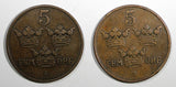 Sweden Gustaf V Bronze LOT OF 2 COINS 1909 5 Öre  SCARCE DATE KM# 779.2 (20 623)