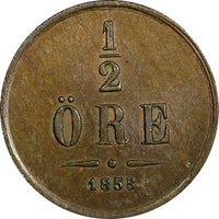 Sweden Oscar I Bronze 1858 1/2 Ore High Grade KM# 686 (21 883)