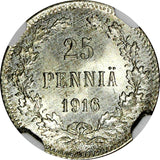 Finland Nicholas II Silver 1916 S 25 Pennia NGC MS67 GEM BU KM #6.2 (029)